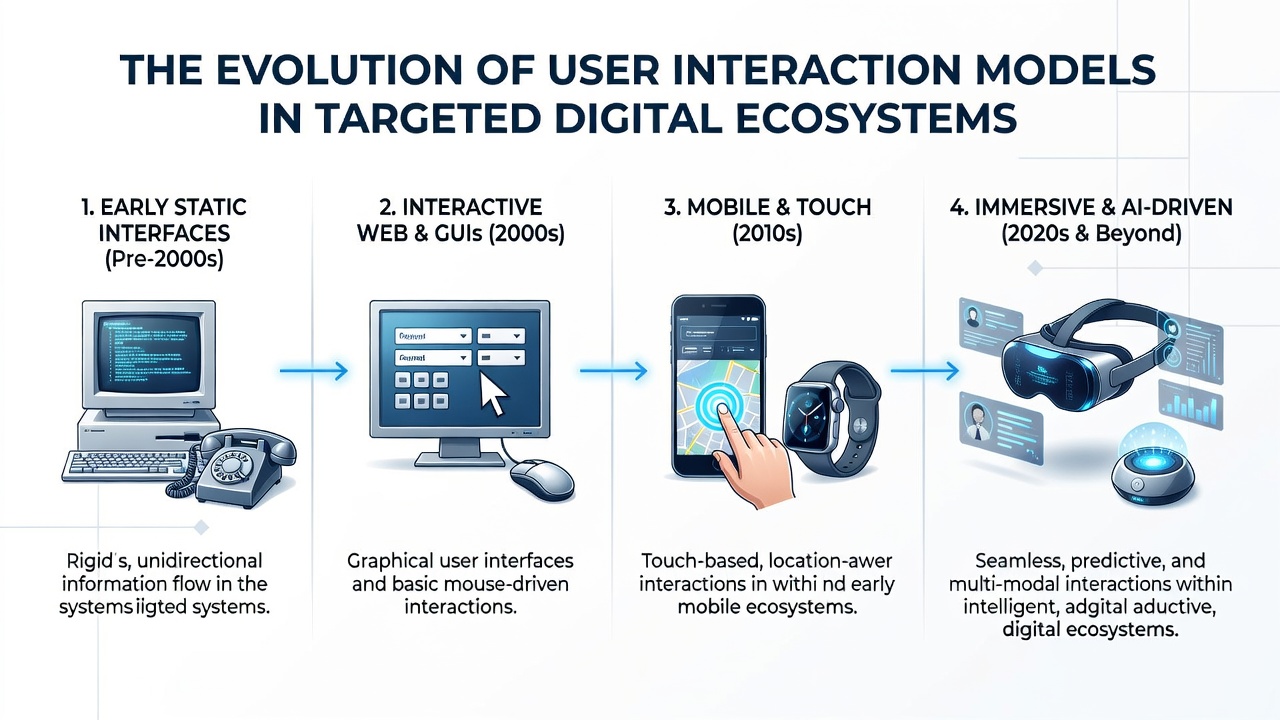 Visual representation of AI-powered interaction layers in targeted digital ecosystems including voice, gesture, and predictive elements